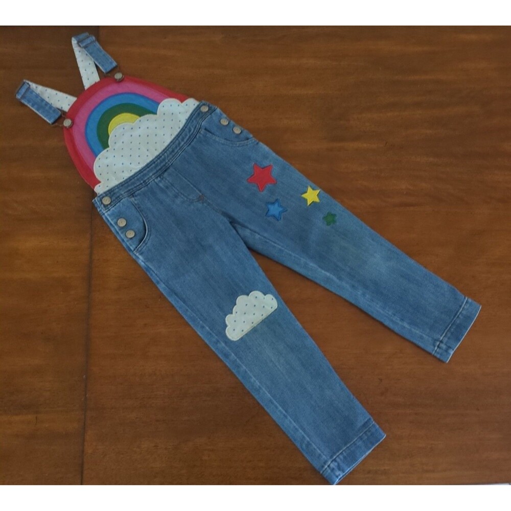 MINI BODEN Kids' Rainbow Appliqué Overalls In Mid Vintage Denim  size 5/6 GUC